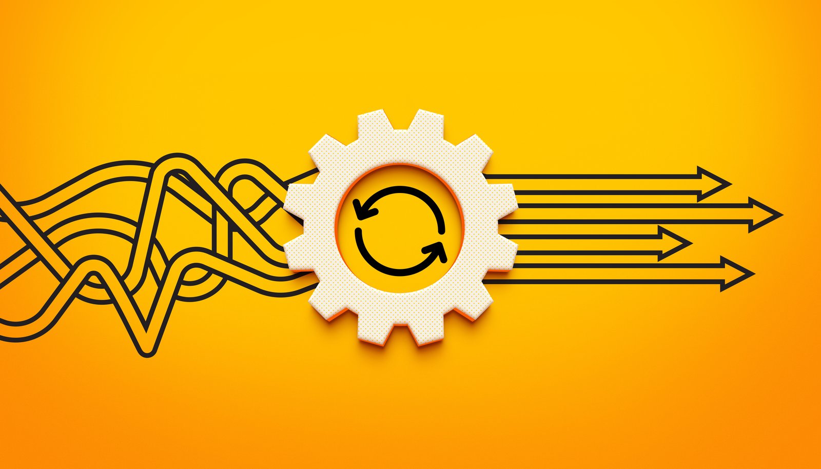 Workflow automation concept showing chaotic inputs transforming into organized outputs through a gear mechanism