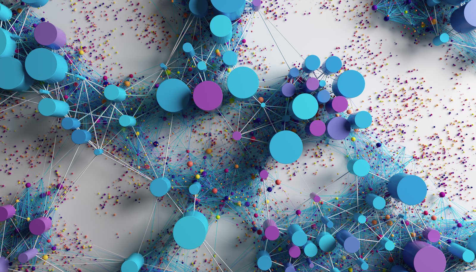 Abstract network of connected nodes with scattered data points, representing separate market signals consolidating into a single connected system